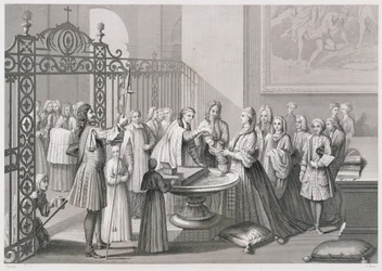 Taufe nach der Kirche von Rom (im 18. Jahrhundert), graviert von A. Thorn, aus 